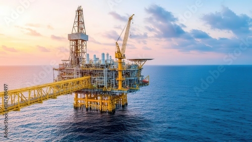 Obraz na płótnie Massive offshore oil rig in the middle of the ocean, surrounded by calm blue waters, with the sun setting in the background w salonie