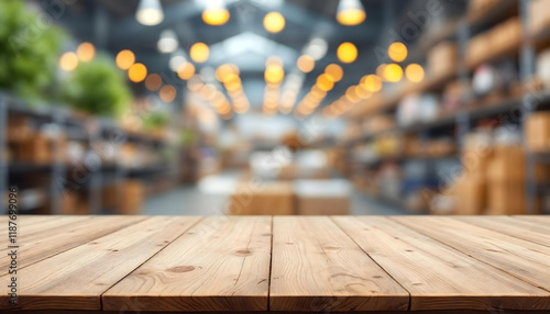 wood table top on blur store factory background 