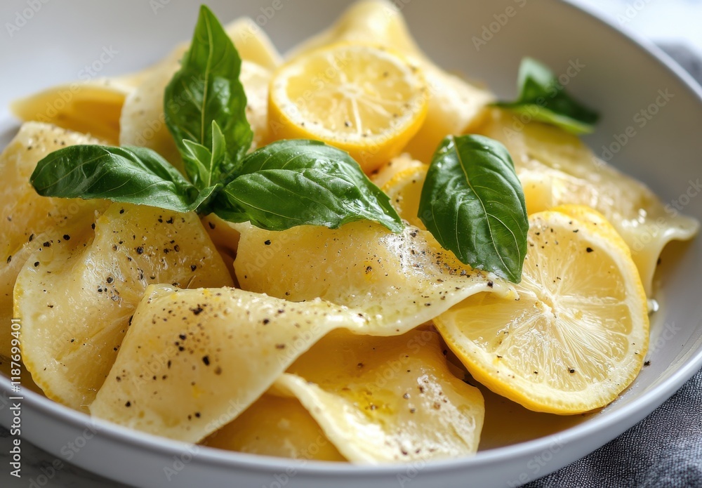 Fresh Lemon Basil Pasta with Deliciously Tender Noodles Garnished with Slices of Lemon and Fresh Basil Leaves in a White Bowl for a Flavorful Meal Fresh Lemon Basil Pasta with Deliciously Tender Noodles Garnished with Slices of Lemon and Fresh Basil Leaves in a White Bowl for a Flavorful Meal