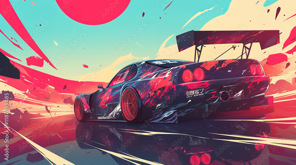 The image is a vibrant and stylized painting of a sports car racing on a track