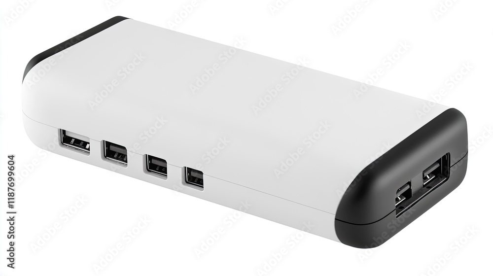 White portable power bank with multiple USB ports for charging electronic devices. White portable power bank with multiple USB ports for charging electronic devices.