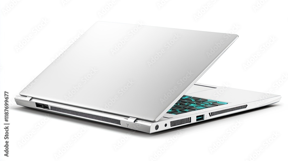 White laptop computer slightly open, showcasing its teal keyboard and ports, isolated on a white background. White laptop computer slightly open, showcasing its teal keyboard and ports, isolated on a white background.