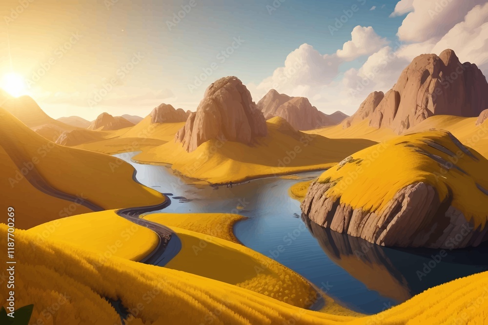 Naklejka premium Beautiful and Peaceful Nature Scenery Illustration Landscape Countryside Tranquil Vibrant and Colorful