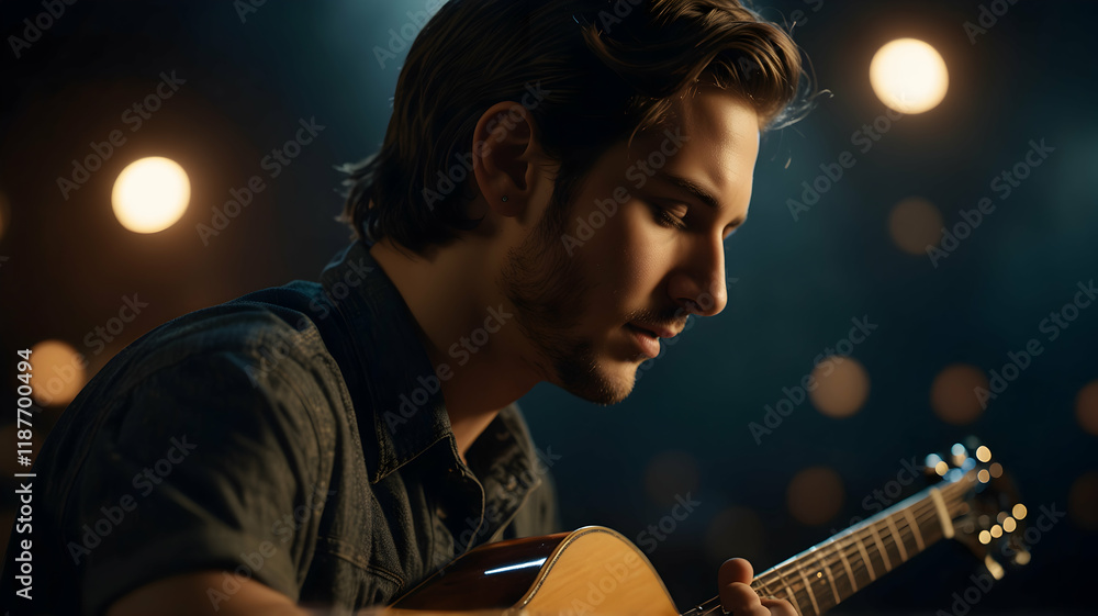Obraz premium Focused Musician Playing Acoustic Guitar in Low-Light Setting