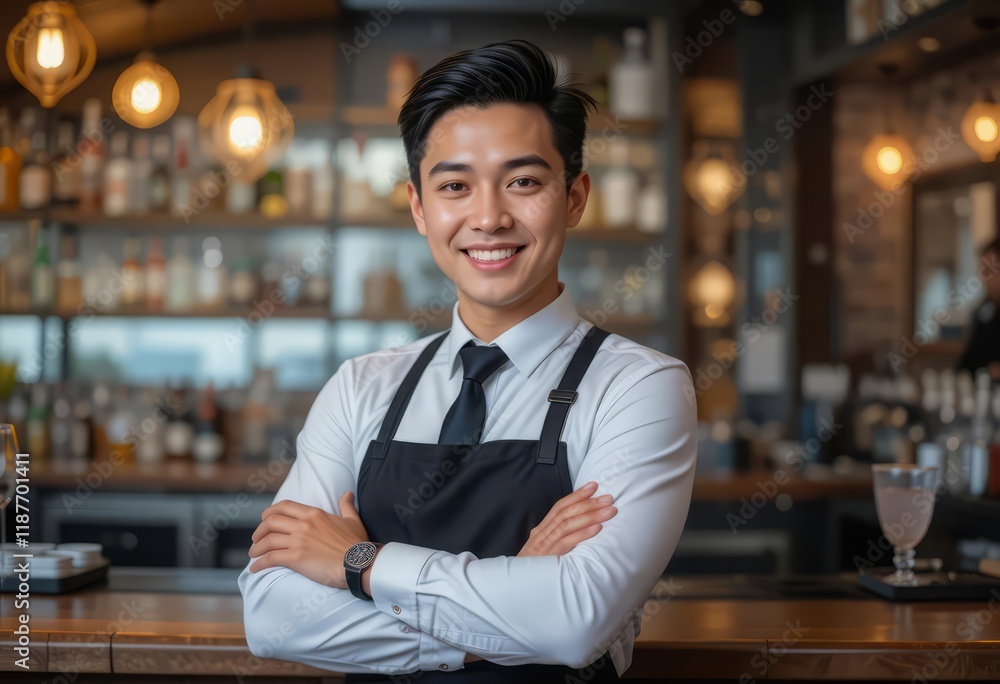 Fototapeta premium Smiling professional in a suit with an apron stands confidently bar manager