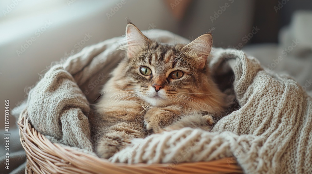 Obraz premium Fluffy cat relaxing in cozy basket with knitted blanket