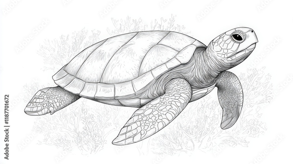 Fototapeta premium Detailed Line Art of a Sea Turtle Swimming Gracefully in a Marine Environment with Coral Background