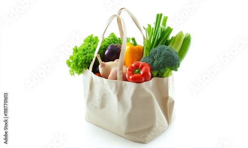 Reusable tote bag filled with fresh produce and chicken. photo