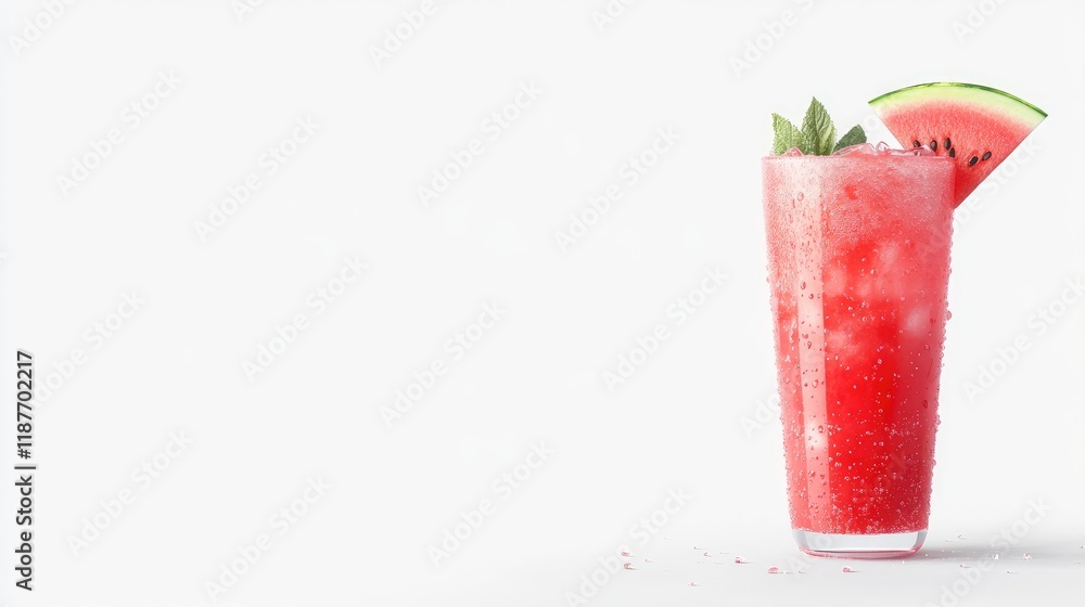 Refreshing watermelon smoothie in a tall glass with ice, garnished with a watermelon slice and mint leaf on a white background. Refreshing watermelon smoothie in a tall glass with ice, garnished with a watermelon slice and mint leaf on a white background.