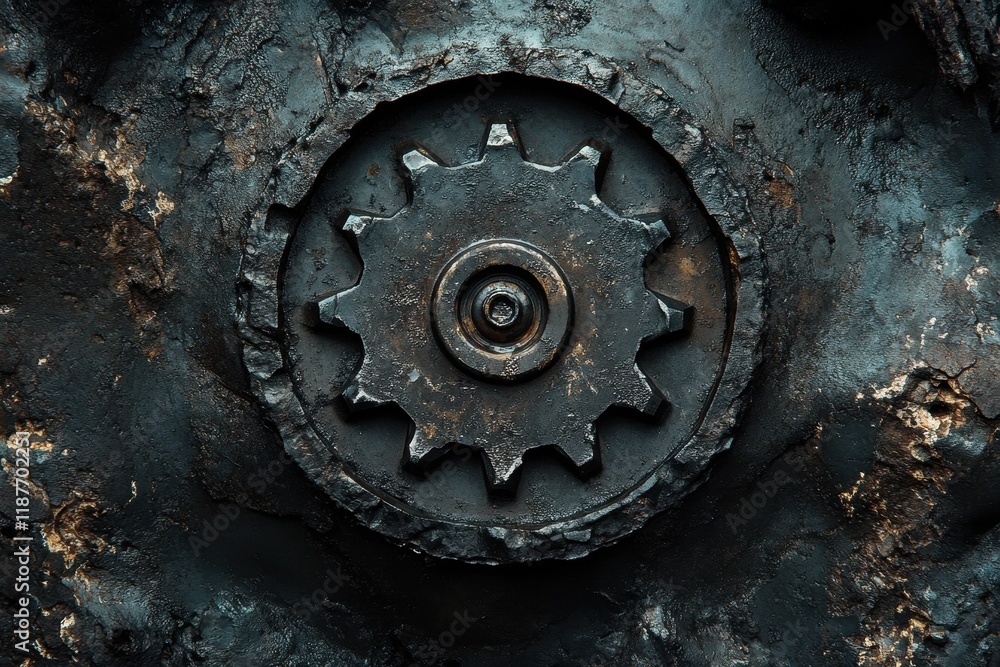 Close-up of a weathered, dark metal gear. Illustrates themes of industry, decay, and resilience. Close-up of a weathered, dark metal gear. Illustrates themes of industry, decay, and resilience.