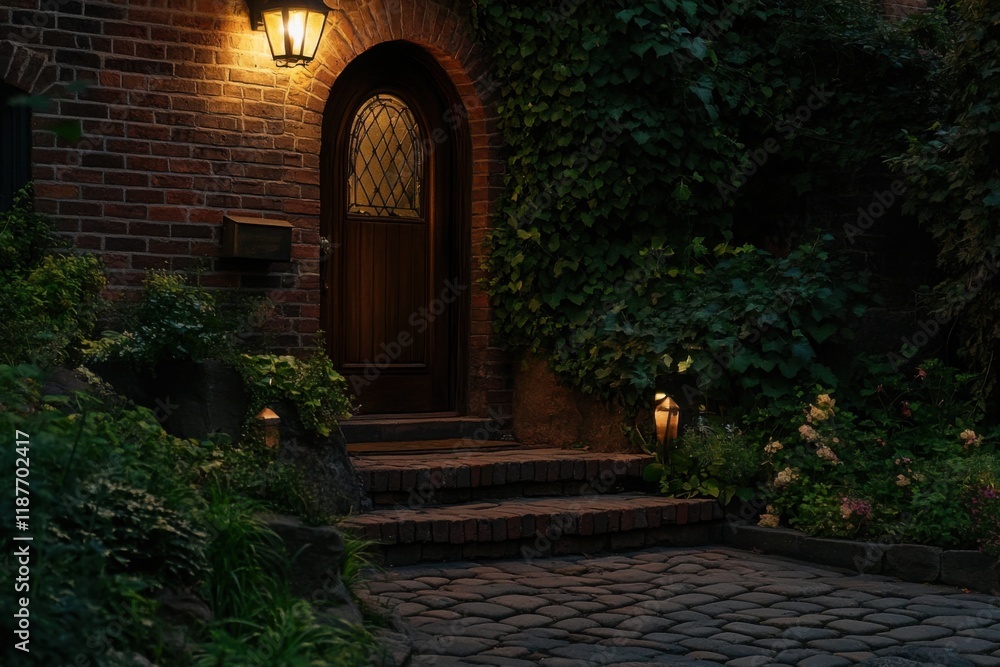Fototapeta premium Warm glow from lanterns illuminates a charming brick pathway leading to an inviting wooden door surrounded by lush greenery and flowers at night