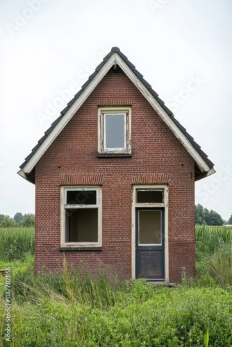 Wallpaper Mural Rustic brick house surrounded by tall grass in a rural landscape, reflecting a sense of abandonment and nature's reclaiming of space Torontodigital.ca
