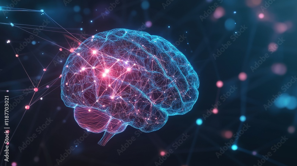 Futuristic Representation of a Human Brain with Neon Connections and Data Visualization in a Dark Background Ideal for Scientific and Technological Themes
