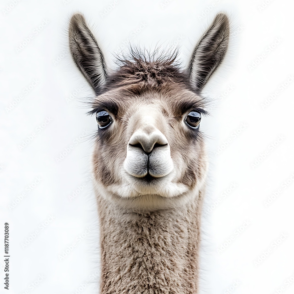 Obraz premium Llama portrait, curious expression, white background, animal photography, website use