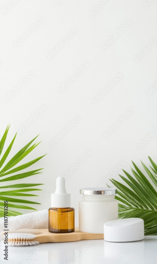 Elegant Spa Setup with Natural Elements and Skincare Products on a Minimalistic Background Elegant Spa Setup with Natural Elements and Skincare Products on a Minimalistic Background