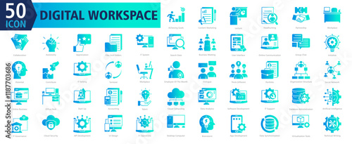 DIGITAL WORKSPACE ICON SET With Achieving Goals, Content Marketing, Lecture, Headhunting, Partnership, Workplace, Collaboration, Autonomy, Appreciation and Files And Folders