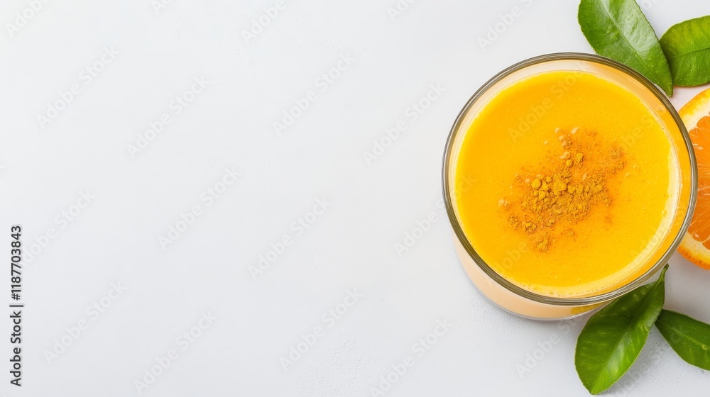 Refreshing orange juice with turmeric and citrus garnish on white background Refreshing orange juice with turmeric and citrus garnish on white background