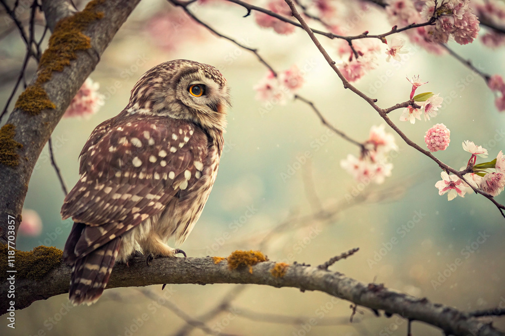 a stately owl, side view, with messy feathers, on a branch, side view, on a background of beautiful blooming flowers. Vintage look - generated by ai a stately owl, side view, with messy feathers, on a branch, side view, on a background of beautiful blooming flowers. Vintage look - generated by ai