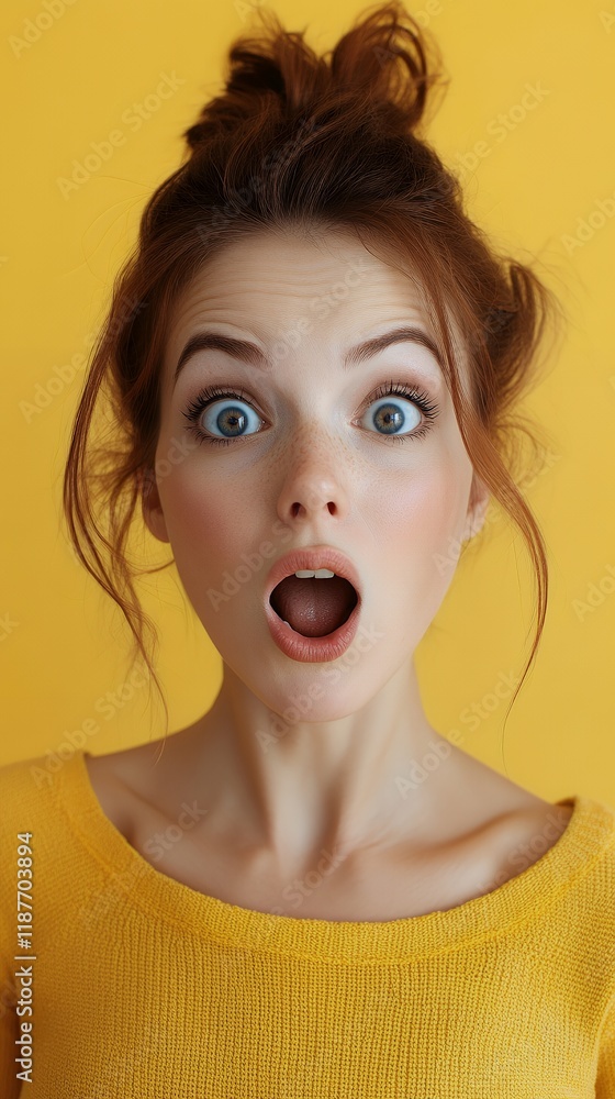Close-up portrait of a surprised young woman with her mouth open, against a vibrant yellow backdrop. Close-up portrait of a surprised young woman with her mouth open, against a vibrant yellow backdrop.