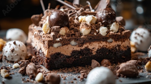 Decadent chocolate ice cream cake with nuts and truffles photo