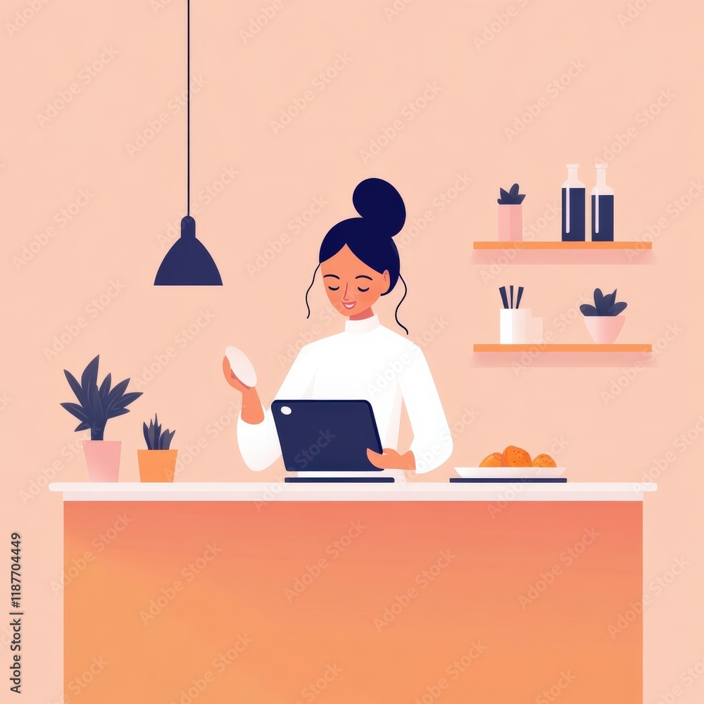 Fototapeta premium Young woman in a modern kitchen using a tablet to cook, holding an egg, surrounded by plants and kitchen accessories, in a stylish and cozy space.