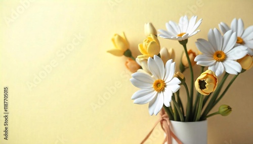 Elegant Daisies and Tulips in a Pastel Vase: A Serene Floral Arrangement