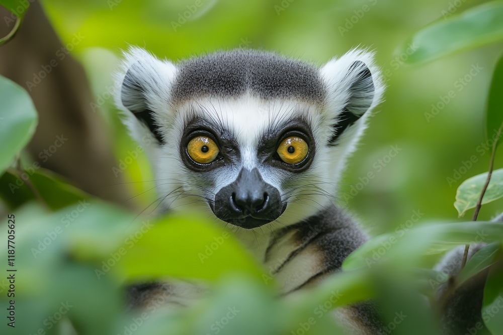 A captivating close-up of a ring-tailed lemur, its striking yellow eyes fixed on the viewer. The lush green foliage creates a vibrant backdrop A captivating close-up of a ring-tailed lemur, its striking yellow eyes fixed on the viewer. The lush green foliage creates a vibrant backdrop