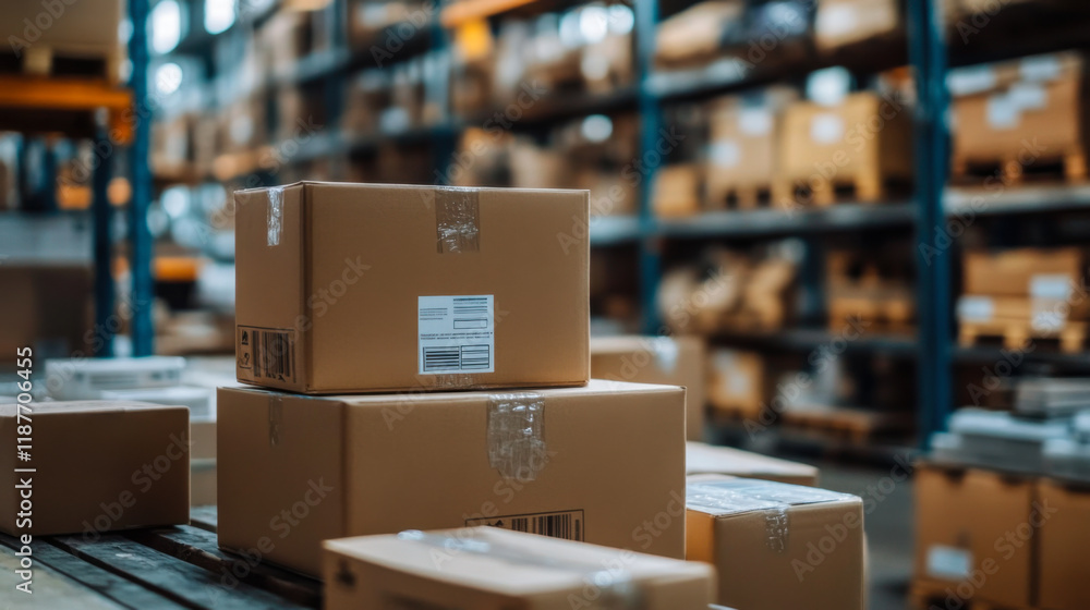 parcels on conveyor belt in a warehouse parcels on conveyor belt in a warehouse