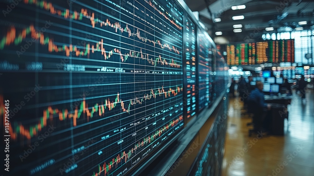 Stock market trading floor, data screen displays, financial charts, busy background. Use finance news Stock market trading floor, data screen displays, financial charts, busy background. Use finance news