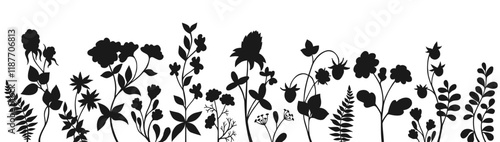 Floral border silhouette blooming flowers, grass, rustic berries. Horizontal banner hand drawn shape branch summer folk wildflowers isolated on white background. Rural abstract backdrop vector design