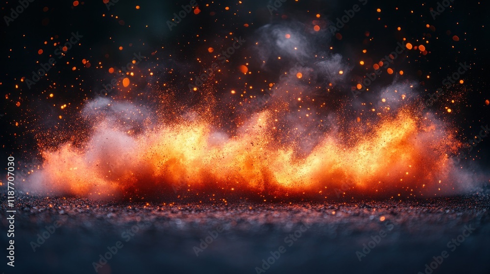 Fototapeta premium Dynamic Explosion with Fiery Flames and Glowing Embers on Dark Surface