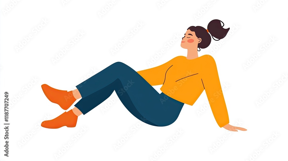 Relaxed young woman sitting on the floor, eyes closed, wearing orange top and dark pants. Relaxed young woman sitting on the floor, eyes closed, wearing orange top and dark pants.