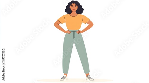 Confident woman standing with hands on hips, full body illustration.