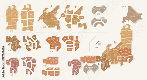 木目の日本地図　地方別色分け　都道府県名　バラバラになる