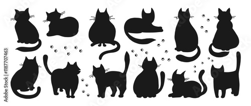 Cats silhouette set. Cute hand drawn childish kitten figure. Modern funny pet animal shape design for kids. Contour figure cats in different poses. Mammal drawing character vector illustration