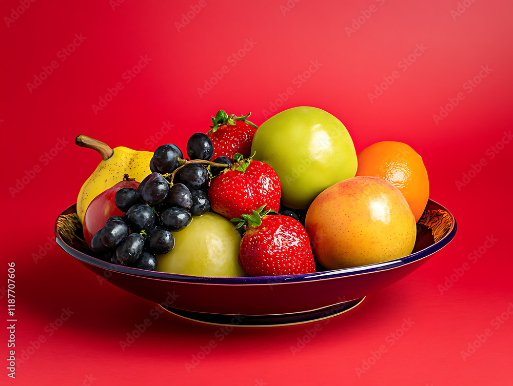 vibrant mix of nine fruits artistically positioned on a ceramic serving dish with a glossy finish, set on a red gradient background