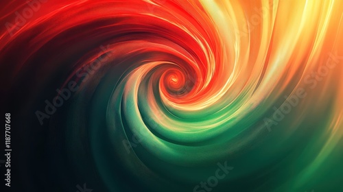 Abstract swirling vortex of red, orange, and green. Ideal for backgrounds, websites, or designs needing vibrant, dynamic energy.