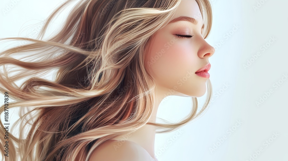 Serene young caucasian female with flowing hair in soft natural light
