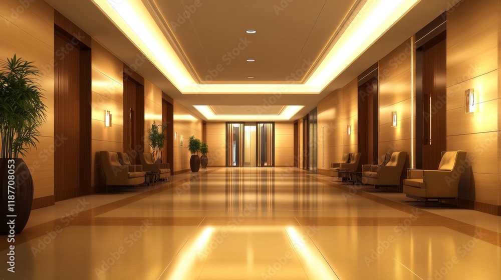 A modern hallway featuring wooden walls, elegant lighting, and comfortable seating areas.