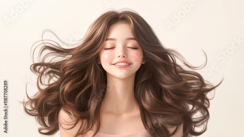 Young caucasian female with flowing hair and serene expression
