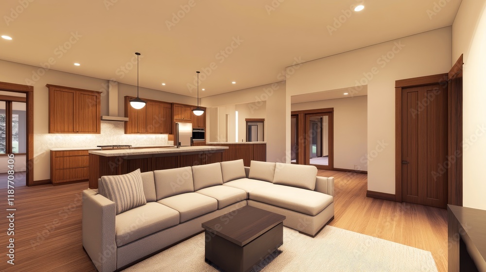 Fototapeta premium Modern living room with a cozy sofa and open kitchen layout.