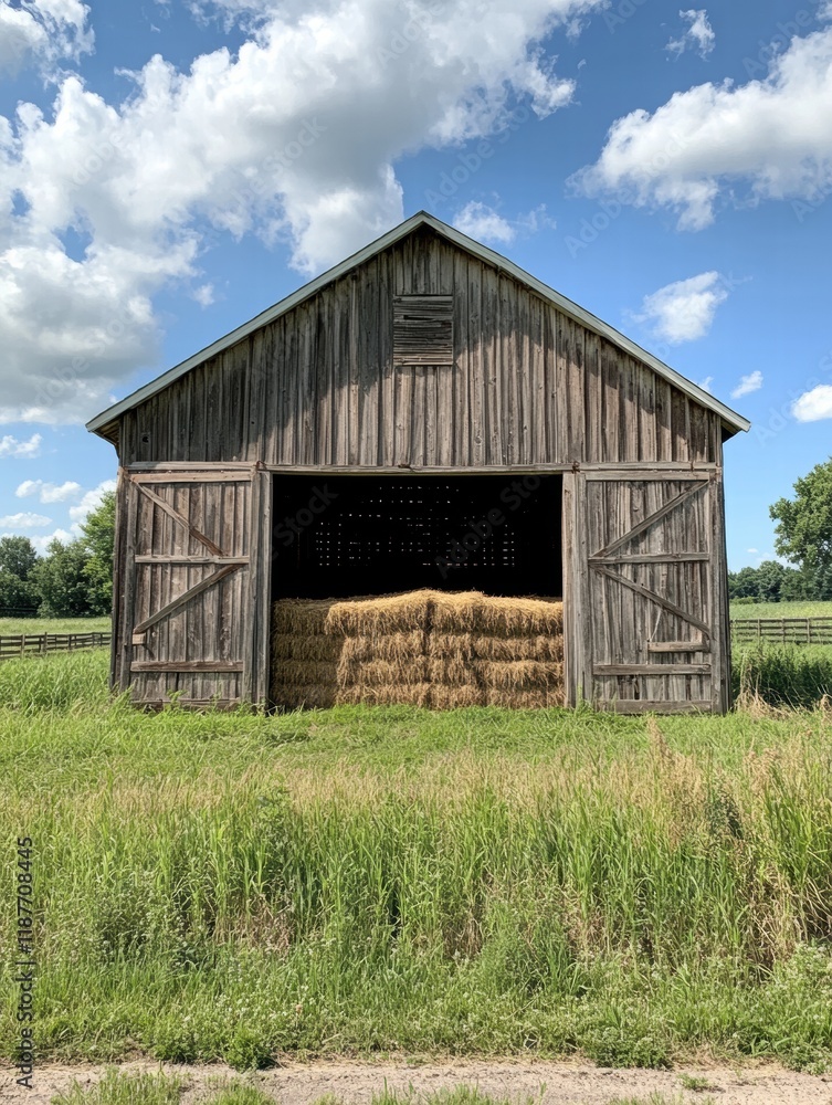 Weathered wooden barn with open doors revealing hay bales under a bright blue sky. Generative AI Weathered wooden barn with open doors revealing hay bales under a bright blue sky. Generative AI