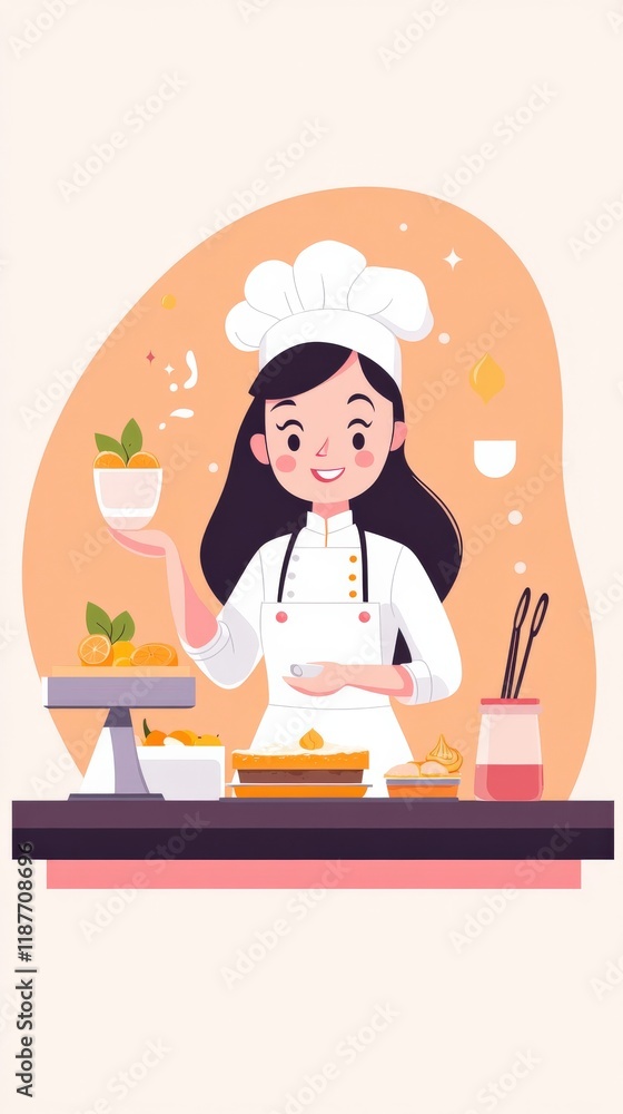 Cheerful Female Chef Preparing Delicious Desserts in a Modern Kitchen with Fresh Ingredients and Beautiful Presentation Cheerful Female Chef Preparing Delicious Desserts in a Modern Kitchen with Fresh Ingredients and Beautiful Presentation