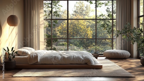 Serene and Modern Bedroom Interior with Natural Light and Greenery, Featuring a Minimalist Design, Cozy Bed, and Peaceful Outdoor View through Large Windows