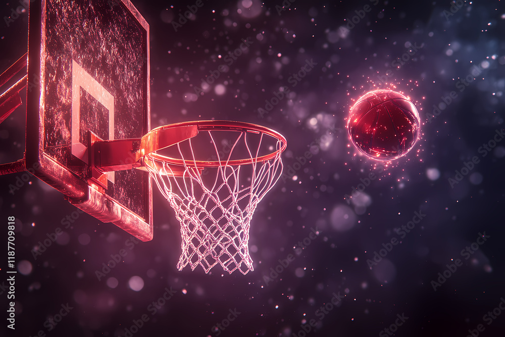 A glowing basketball hoop with a digital ball mid-flight, symbolizing the future of sports A glowing basketball hoop with a digital ball mid-flight, symbolizing the future of sports