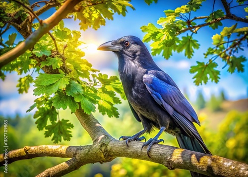 Majestic Raven in Oak Tree: A Stunning Nature Photograph photo