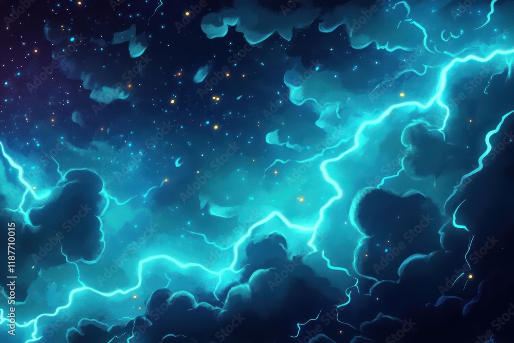 Obraz premium Vibrant blue lightning strikes across a dark, starry sky filled with fluffy clouds. Perfect for fantasy, sci-fi, or mystical themes; evokes power and wonder.