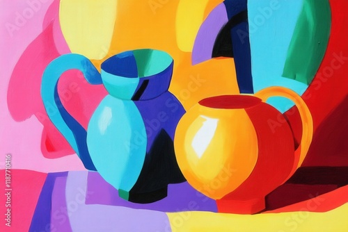 Vibrant abstract still life with colorful jugs and bold shapes photo