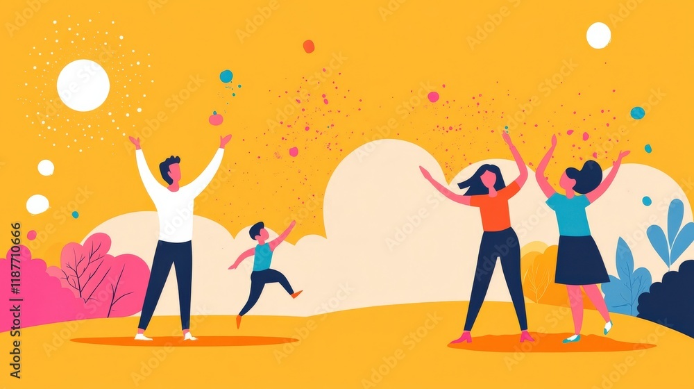 Joyful Family Celebration in Bright Yellow Setting with Colorful Confetti and Lively Expressions, Depicting Happiness and Togetherness in a Playful Outdoor Scene Joyful Family Celebration in Bright Yellow Setting with Colorful Confetti and Lively Expressions, Depicting Happiness and Togetherness in a Playful Outdoor Scene