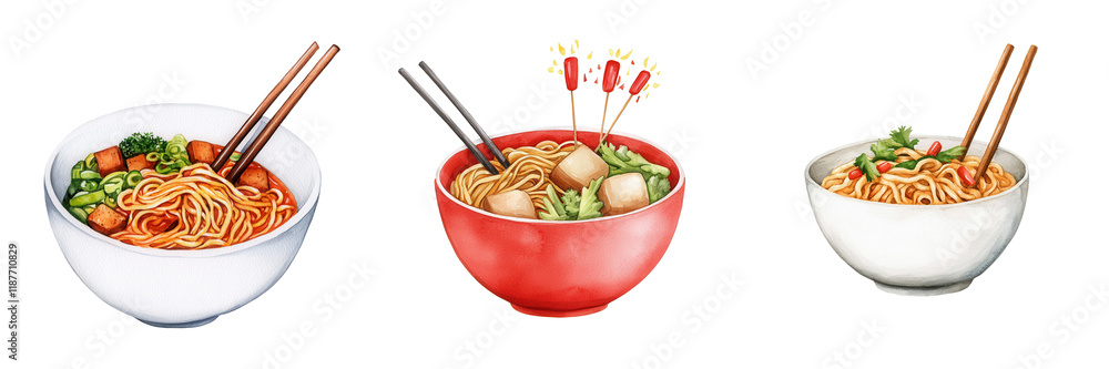 Three bowls of noodles with various toppings and chopsticks, showcasing different colors and styles. Three bowls of noodles with various toppings and chopsticks, showcasing different colors and styles.